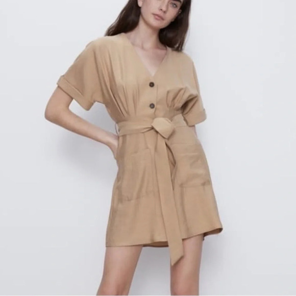 Zara Khaki Button Down Mini Shirt Dress Sz Medium - Picture 1 of 5